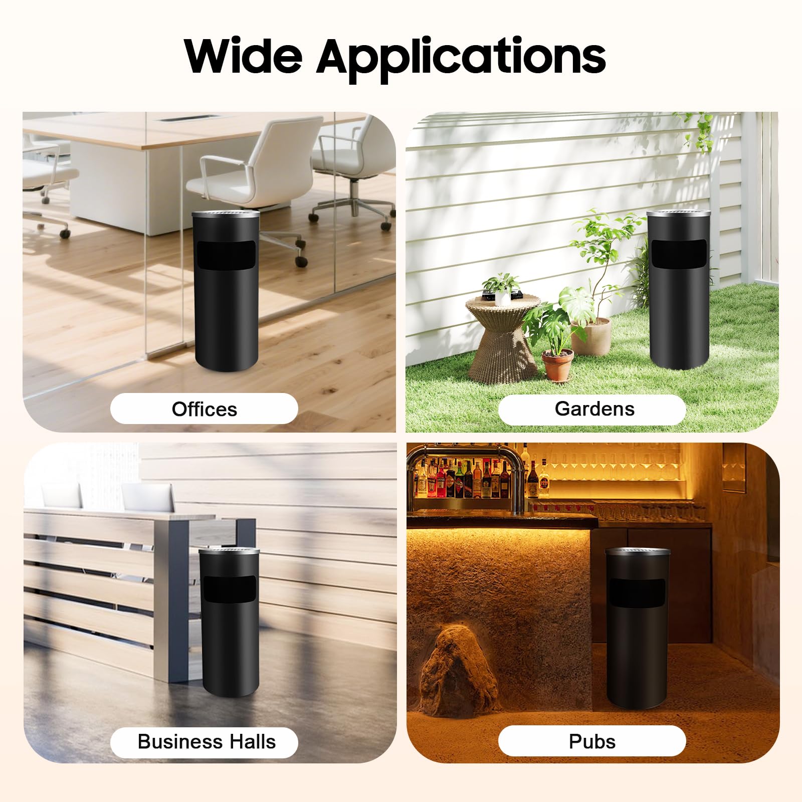 Cendrier sur Pied,Poubelle sur Pied en Acier Inoxydable,Cendrier Exterieur Avec Poubelle,Poubelle Jardin Terrasse,Anti Feu,Base Lestée,Design Cylindrique,Maison Bureau Restaurant,15L,Noir