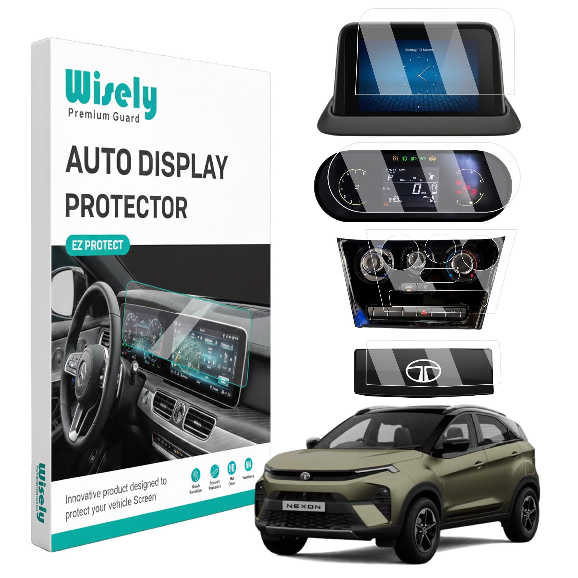 Wisely 4Pcs - Screen Guard for TATA NEXON (2026) SMART+ CNG/SMART+S CNG Car Display Protector - 7" INFOTAINMENT + 4” MID + STEERING + AC Panel (Manual Buttons) - Stereo Facelift Accessories-image-1