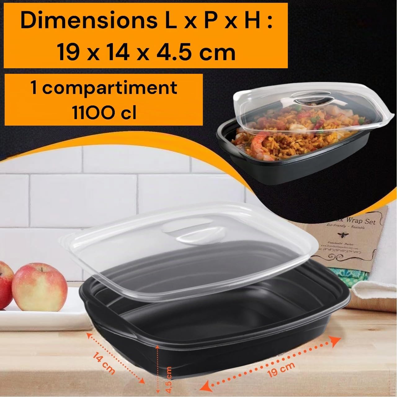 EURO DECO Barquette en Plastique, Contenants de Meal Réutilisables 1000 ml – Lot de 50 boite,1Compartiment, Couvercles Hermétiques Anti-Fuite – Compatibles Micro-ondes et Lave-Vaisselle, Idéales pour