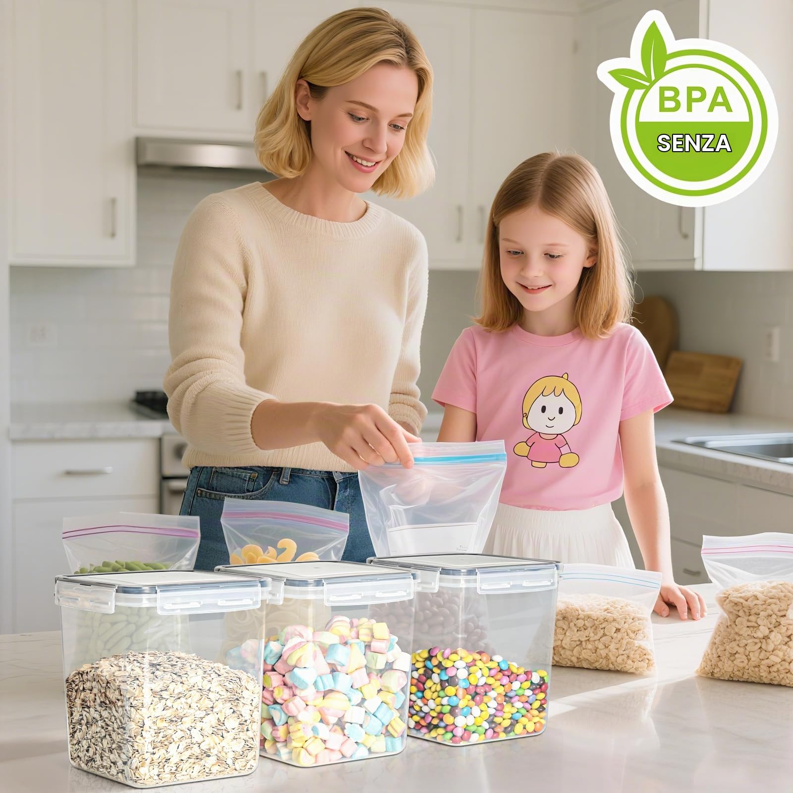VINATO 2.5L Contenitori Ermetici per Alimenti 3pezzi- Barattoli per Cereali, Farina | Conservazione Senza BPA, con Etichette & Misurini (Confezione da 2)