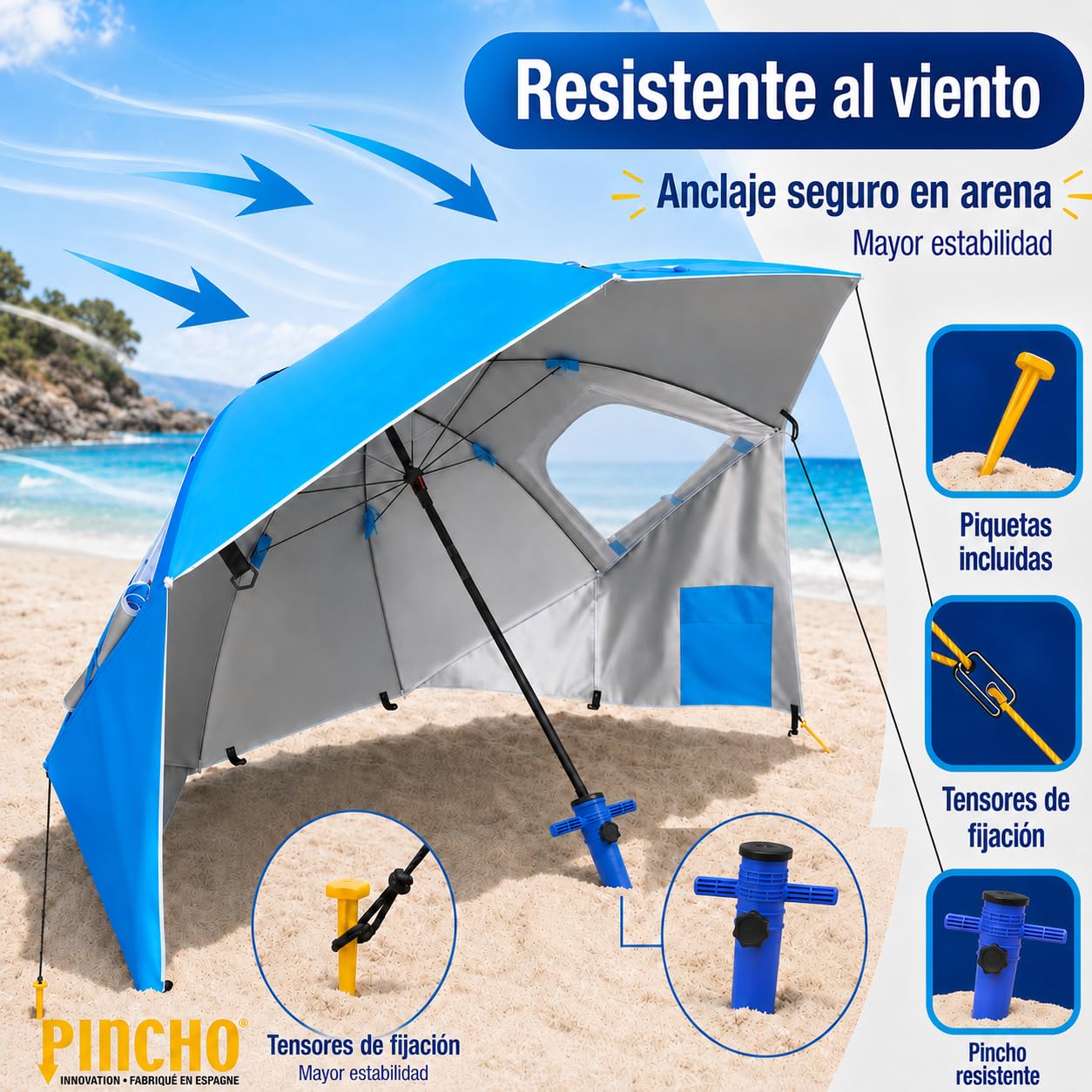 Parasol plażowy 220 cm - PINCHO - przenośny namiot plażowy, wiatroszczelny parasol plażowy UV50 z oknami, śledziami i tensorami, 3 pozycje, torba transportowa w zestawie, kompaktowa