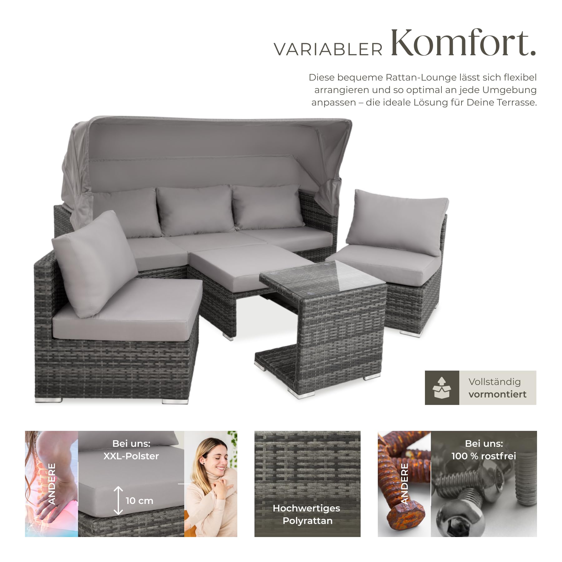 tectake® Rattan Sonneninsel Sitzgruppe, Alu Lounge Möbel Set inkl. Sofa mit Sonnendach, Hocker, Sesseln und Tisch, Outdoor Gartenmöbel, Loungemöbel Balkon und Garten, Terrassenmöbel, wetterfest - grau