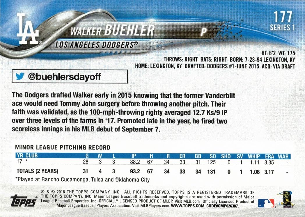 Amazon.com: 2018 Topps Baseball #177 Walker Buehler Rookie Card