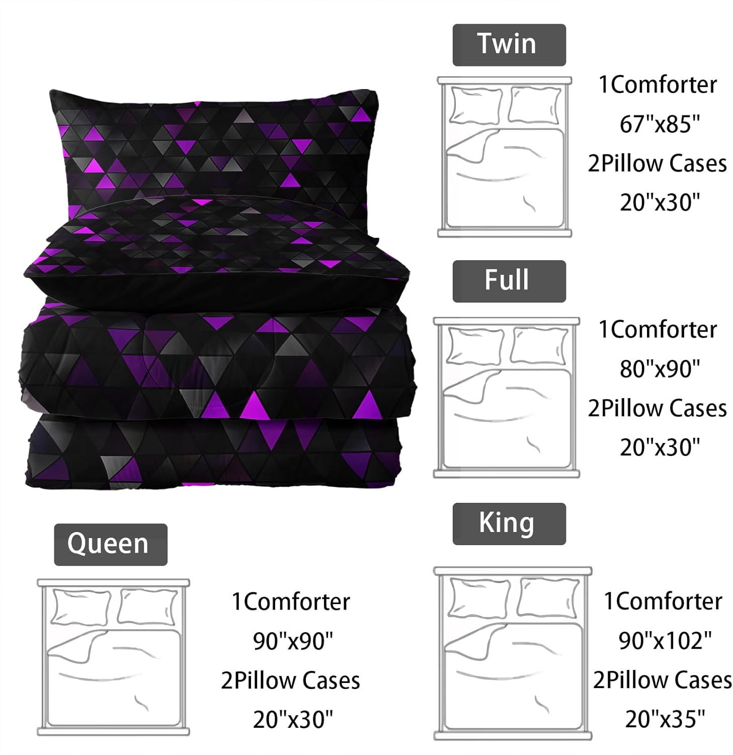Nttopship Geometric Violet Black Comforter Set,Triangle Honeycomb 3 PCS Bedding Set Twin Size for Teen Adult,Modern Quilt Set Geometry Decor,Microfiber Lightweight 1 Comforter 2 Pillowcases