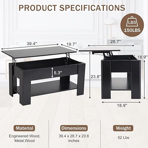 Miniatura 19 de Mesa auxiliar moderna, blanca, elevadora, madera, estante de almacenamiento, 28 x 28 x 24 pulgadas Blanco,Negro