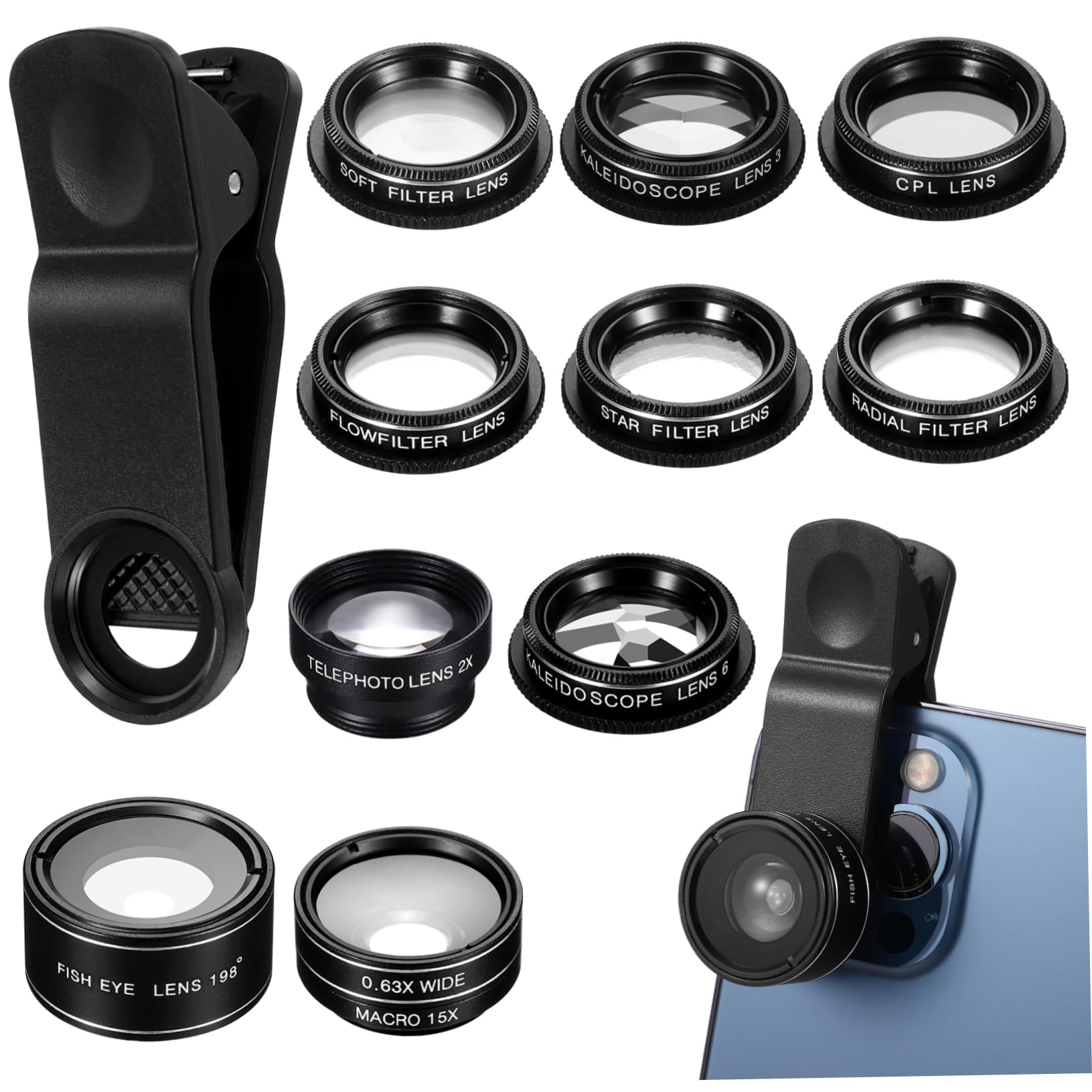 Veemoon 1juego Kit De Lentes para Móvil Ojo De Gran Angular y Macro Compatible La Mayoría De Smartphones Incluye Filtros Cpl y Accesorios para Fotografía Portátil y Versátil