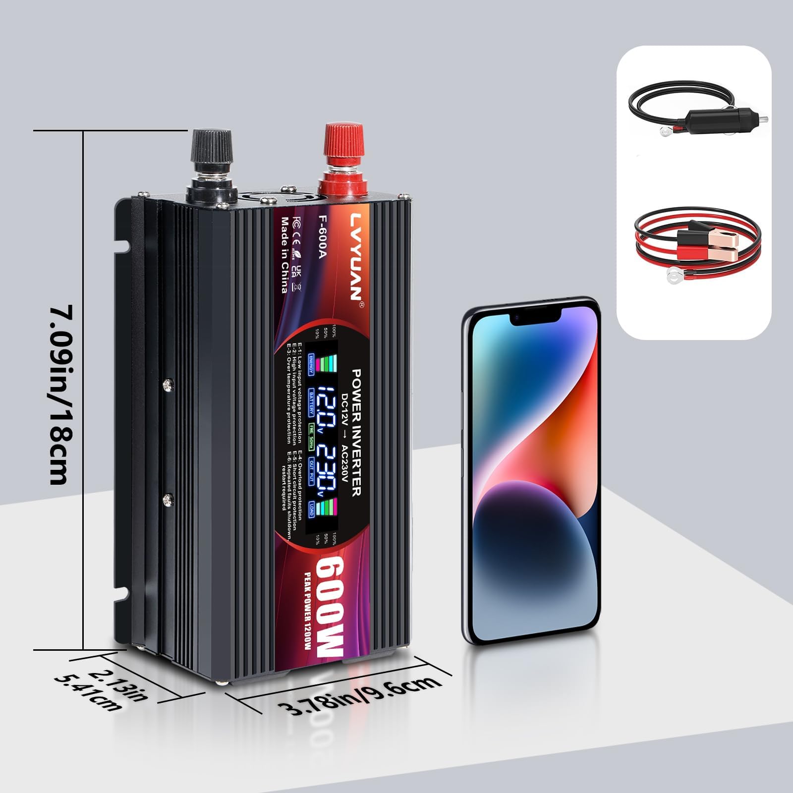 LVYUAN 600W/ 1200W Convertitore di tensione da CC 12 V a CA 220 V 1 presa CA e 2 porte USB Convertitore di corrente Inverter per auto, camper, camion