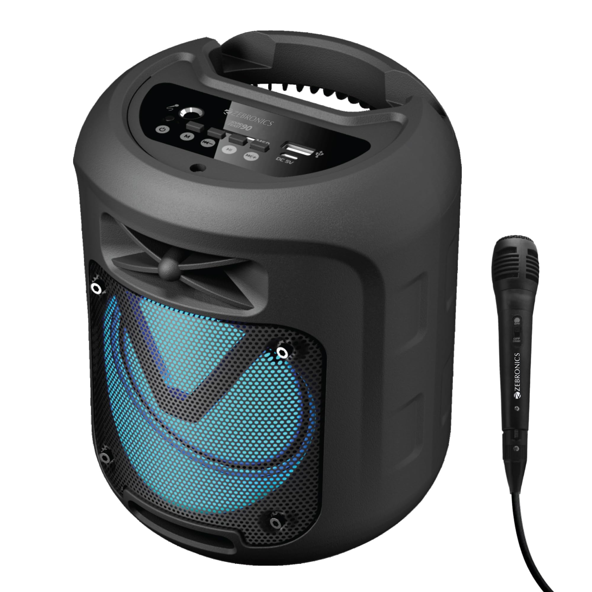 ZEBRONICS Sound Feast 90 10W Output, Portable Wireless Speaker with Bluetooth v5.0, TWS, 6.3mm Wired Mic Support, USB, mSD, AUX, Mobile Holder and RGB Lights