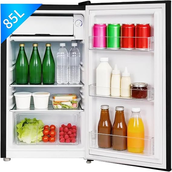 Retro Fridge with Freezer Small 85 L (77 + 8 L) Mini Vintage Freezer Combination Freestanding Freezer Black Quiet Mechanical Control LED Lighting [Energy Class E]