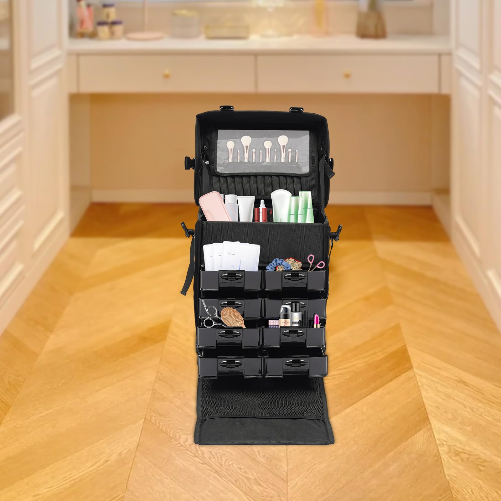 Trolley per Cosmetici Nero Moderno, Organizzatore Beauty Portatile Con 8 Cassetti e Rotelle Mobili Grande Valigetta per Trucchi Make-up e Skincare