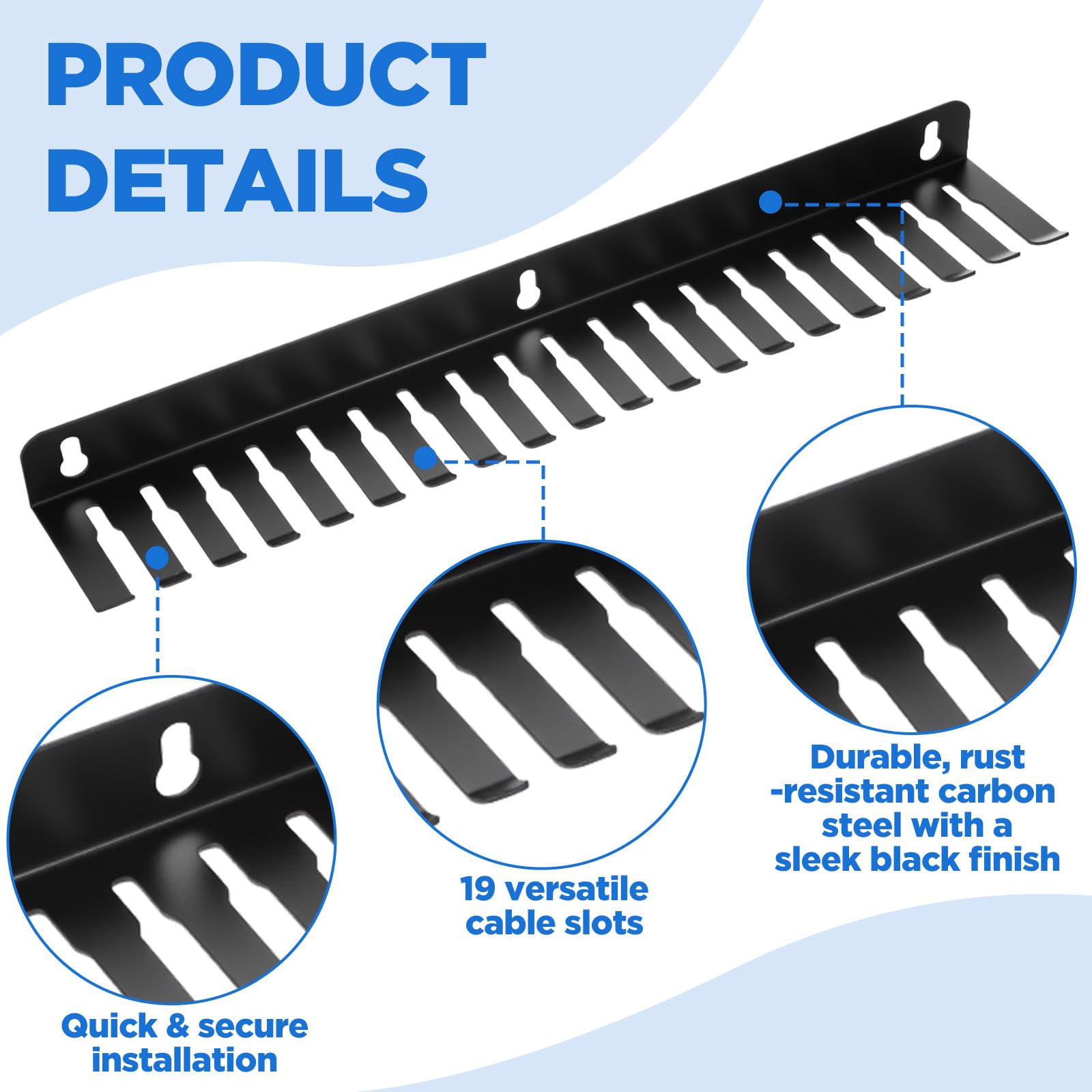 2 ganchos de cables de montaje en pared, organizador de cables de acero al carbono resistente con 19 ranuras (0.2 a 0.35 pulgadas), negro, 15.8 x 2.8 x 1.3 pulgadas para una gestión de cables sin