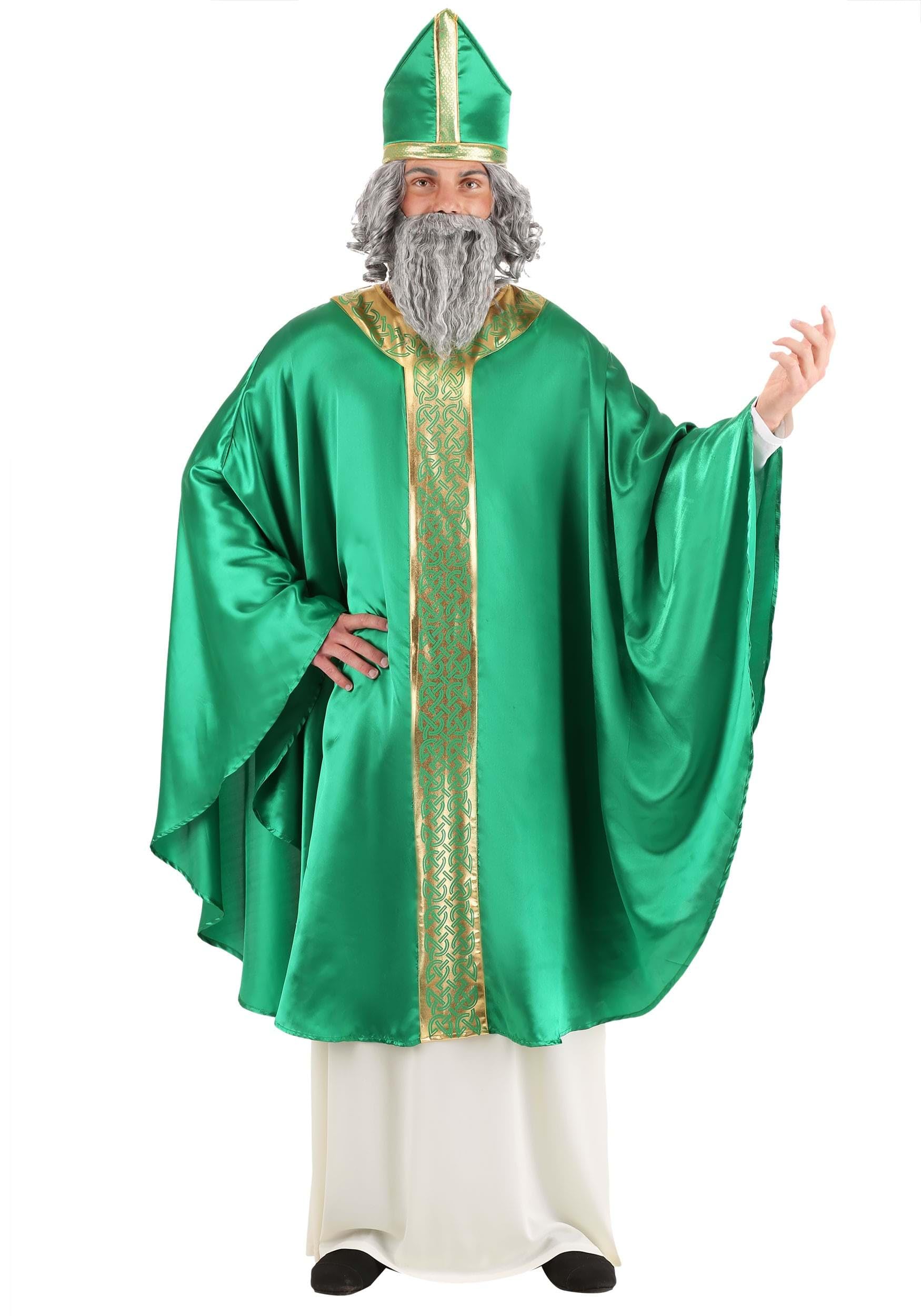 Men's Saint Patrick Costume - Green Bishop Robe with Gold Print, Waist Skirt & Hat for St Patrick's Day