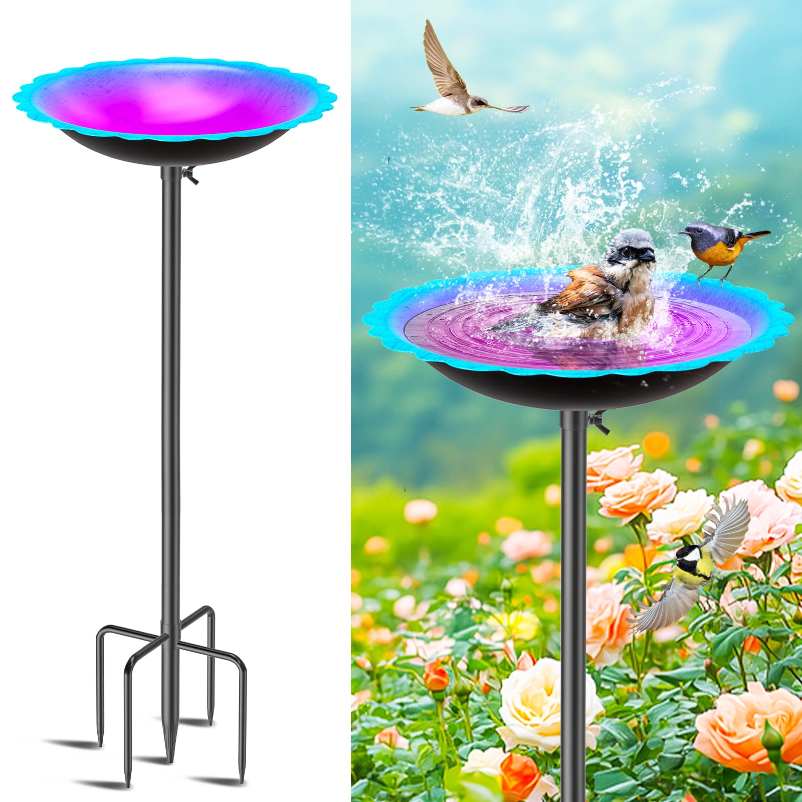 MeyRoliz Metal Bird Bath for Outside, Detachable Birdbath Birdfeeder Bowl, Freestanding Birdfeeders Bird Bath Bowl for Garden (Blue-Purple)