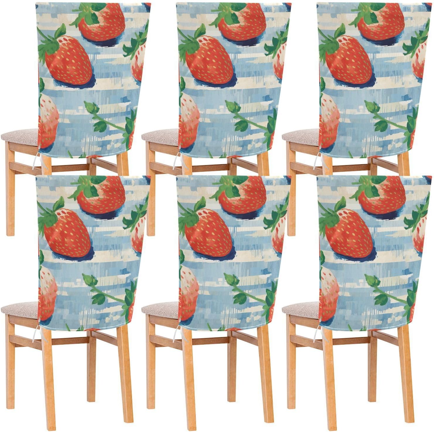 ALAZA Strawberries Blue Stripes Chair Back Cover Set of 6, Washable Reusable Removable Chair Slipcovers Decorative Chair Cover for Home Kitchen Wedding Party