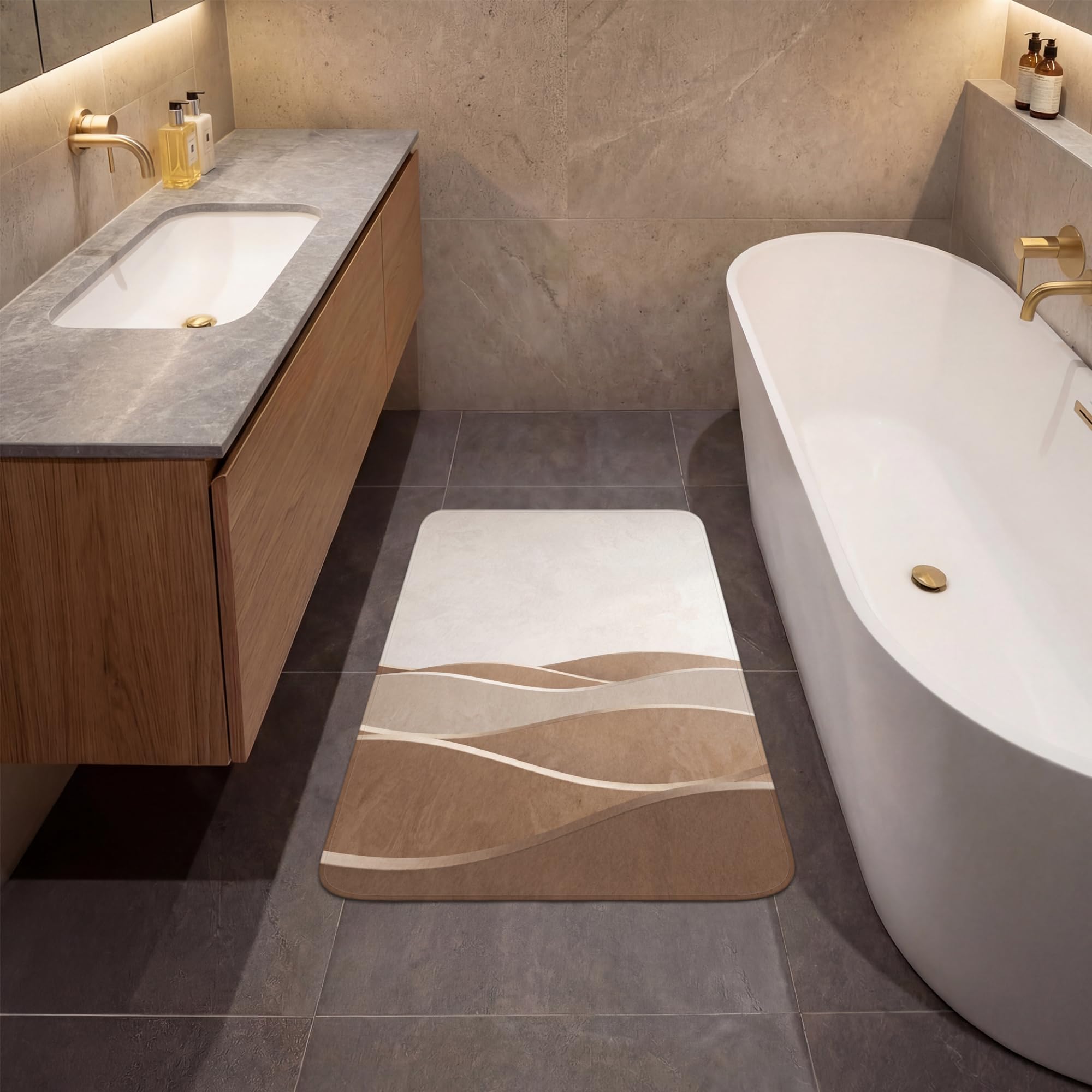 Tapis Bain Rectangulaire 60x90 cm Non Slip Bath Mat Douche Absorbant Antidérapant Lavable Accessoire Baignoire Innovant Abstrait - Vagues - Moderne - Beige