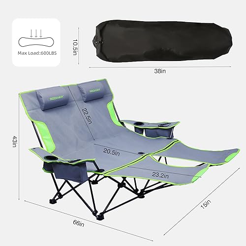 Miniatura 2 de Silla de camping doble, respaldo ajustable para dos personas, sillas reclinables con reposapiés, sofá biplaza plegable de gran tamaño, oficina,
