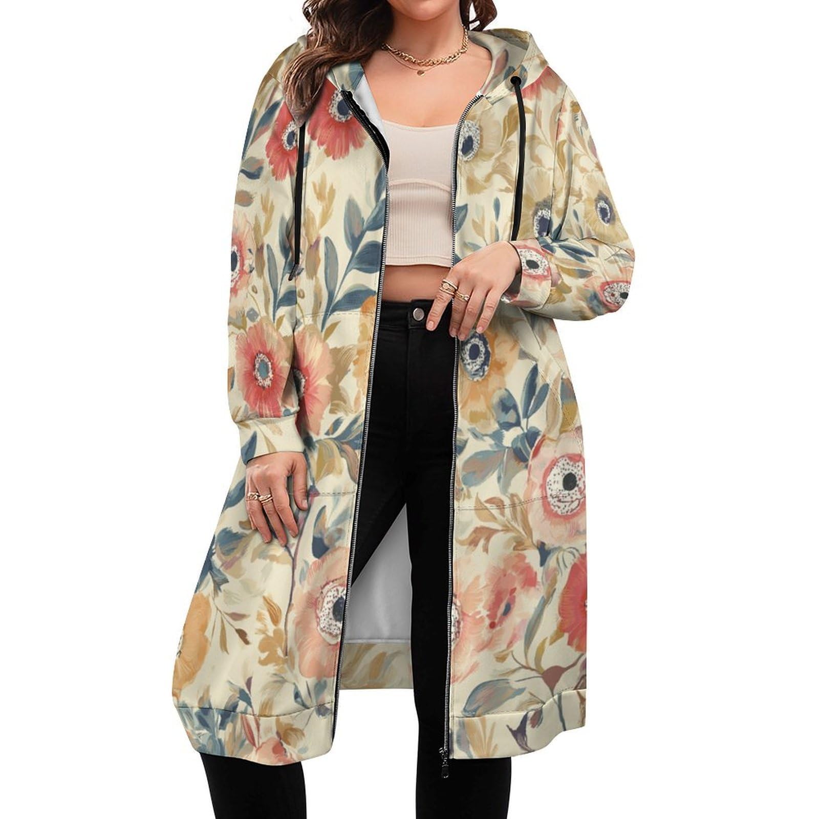 Felpa Donna con Zip Felpe Sportiva con Tasche E Cappuccio Motivo Floreale Morbida Invernale Giacca Regolabile Confortevole per Uso Quotidiano Casual