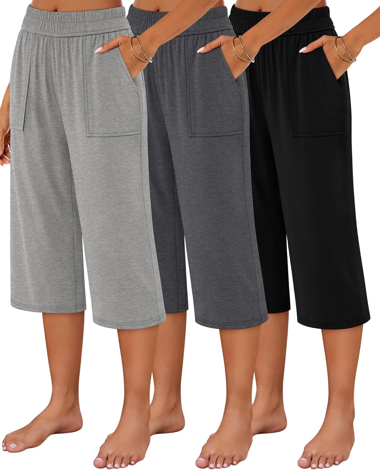 Neer 3 Pack Women's Capris Pants Cotton Wide Leg Sweatpants Lounge Casual Loose Fit Cropped Jogger Yoga Pant with Pockets