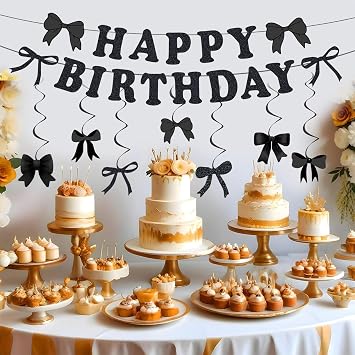 Black Bow Birthday Party Decoration Birthday Banner Black Bows Party Hanging Swirls for Girls Women Coquette Bridal Shower Partys Bows Theme Decoration Set Decor Supplies