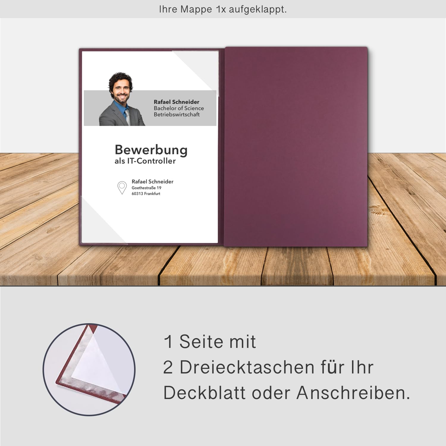 5 Stück 3-teilige Bewerbungsmappen BL-exclusivdruck® OPTIMA-plus in Granatrot - Premium-Qualität mit edler Relief-Prägung 'Bewerbung' - Produkt-Design von 'Mario Lemani'