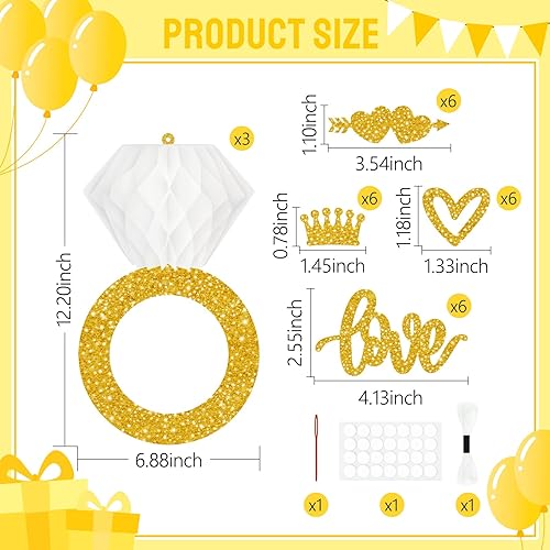 Miniatura 3 de 3 piezas de anillos de diamantes de panal para colgar en fiestas de compromiso, pompones de papel dorado con purpurina de panal de abeja, propuesta