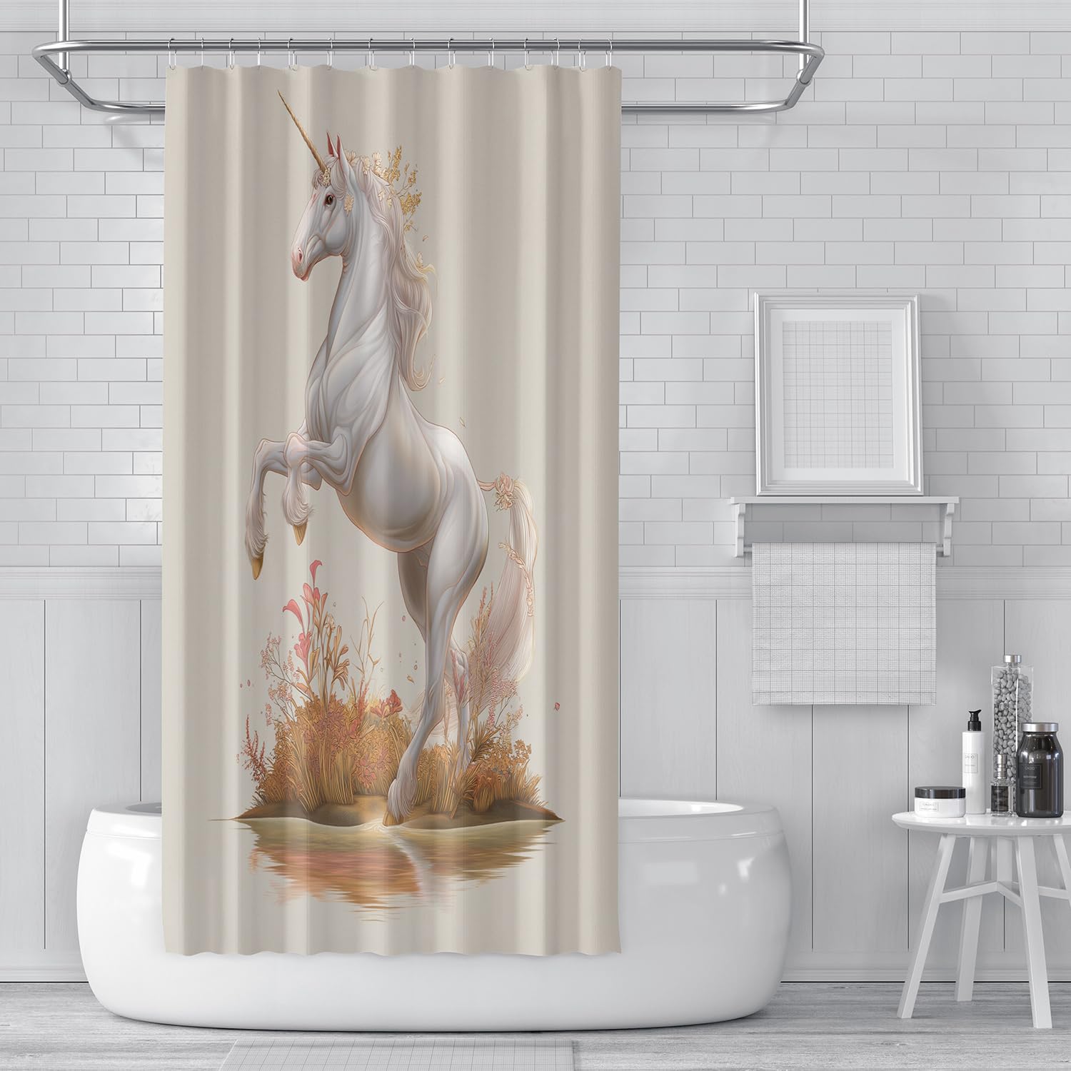 Cortina de Ducha con Diseño de Animales,Diseño de Unicornio Blanco con Estampado Floral,con Ganchos de Plástico,Tela de Poliéster Impermeable para Baño,240Anx200Alcm (1 Panel).