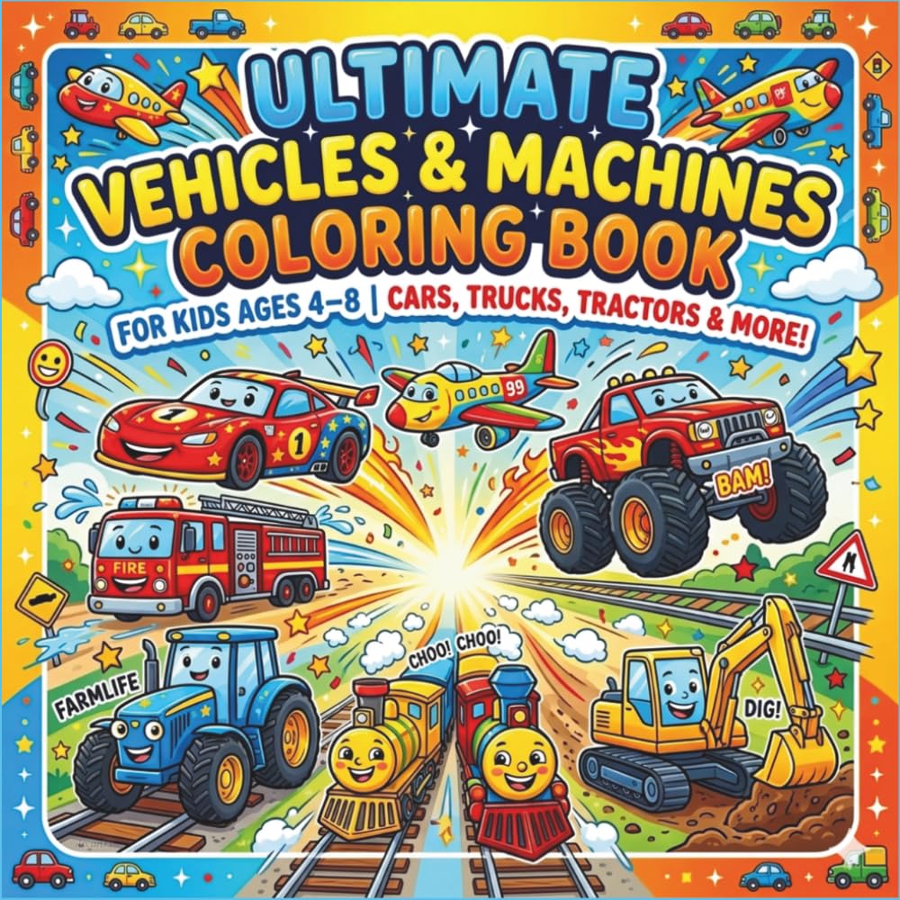 Ultimate Vehicles & Machines Coloring Book for Kids Ages 4-8: Cars, Trucks, Tractors, Construction Vehicles and More