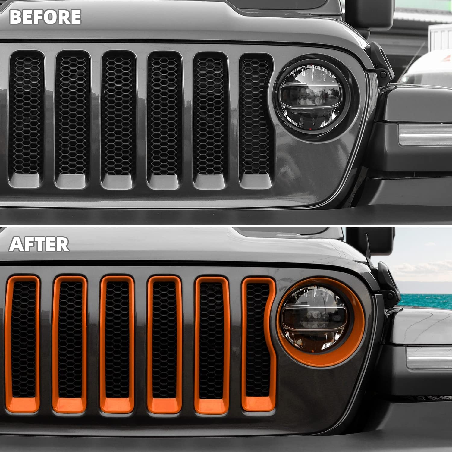 Grille Grill Insert+Headlight Turn Light Cover Compatible with 2018-2023 Jeep Wrangler JL JLU Sport/Sport S Only,Not for Sahara,Rubicon 4xe(Orange)