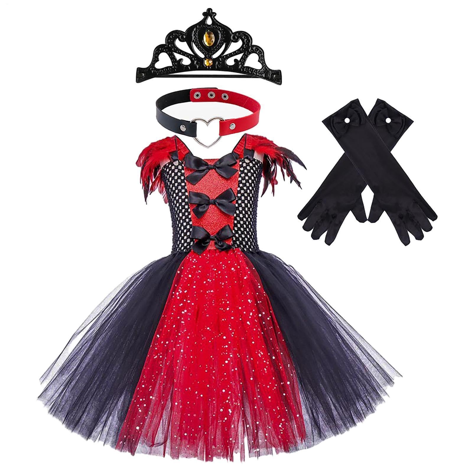 Vampirkleid für Mädchen Rollenspiel Halskette Krone Handschuhe Kostümset | Kinder Königliches Vampirkostüm Tüllrock für Kinder von 2-12 Jahren Rollenspiel Bühnenaufführung Festival Party