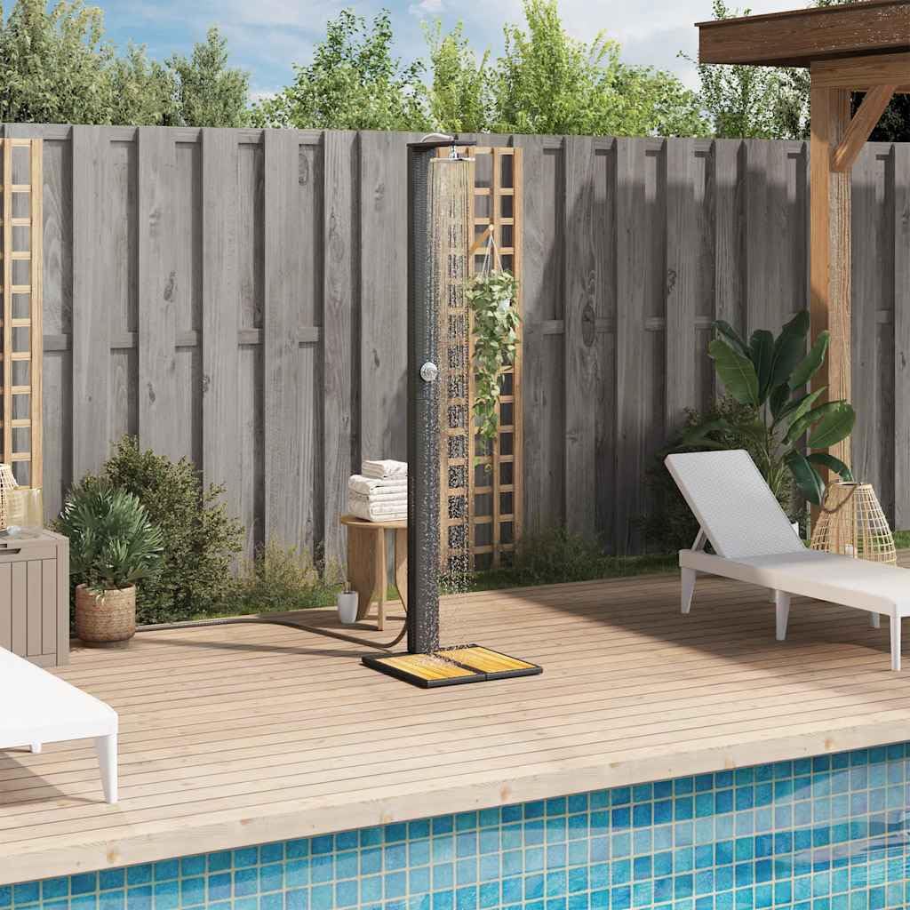 Mangloder Doccia da Giardino Nero in Poly Rattan e Legno di Acacia 50x55x224cm Autoportante con Getto Girevole Doccia Superiore per Giardino, Piscina, Vasca idromassaggio ed Estate