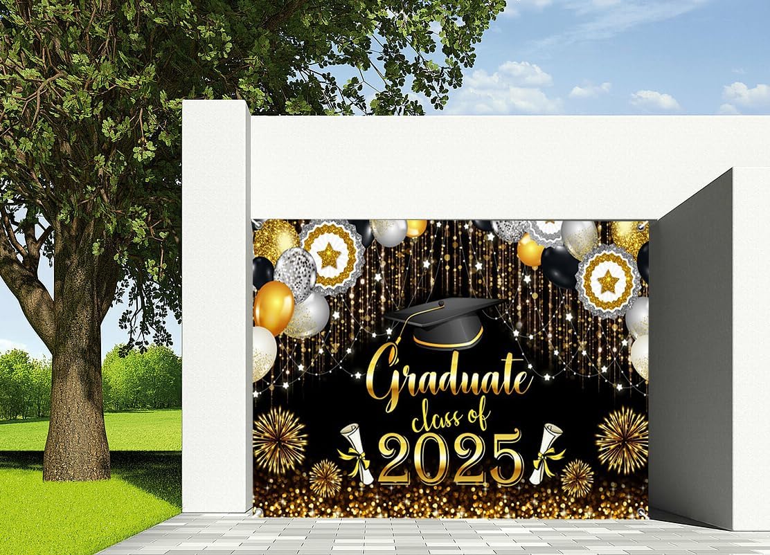 7x8ft Graduate Class of 2025 Garage Door Decor Gold Glitter Bokeh Fireworks Bachelor Hat Diploma Black Photography Background Congrats Grad School Prom Ceremony Party Decor Banner