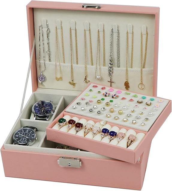 Homeanda Jewellery boxes 2 layer jewellery box Leather jewellery box for Women Girls Teens Jewelry organizer box Jewelry Storage box with lock (Pink)