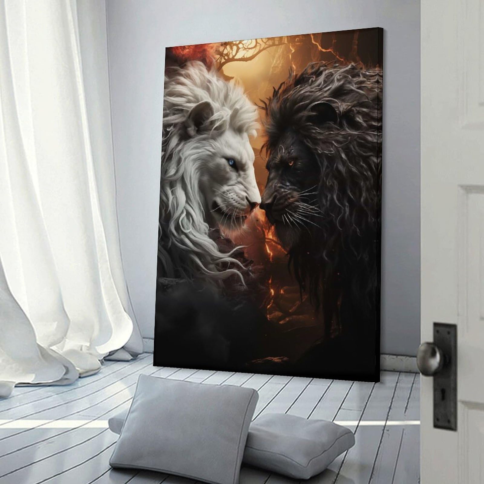 Junmoney Black And White Lion Home Decor Wall Art 24x36inch(60x90cm), for Gallery Wall Layouts in Home Or Office, A Versatile Canvas Print for Layering