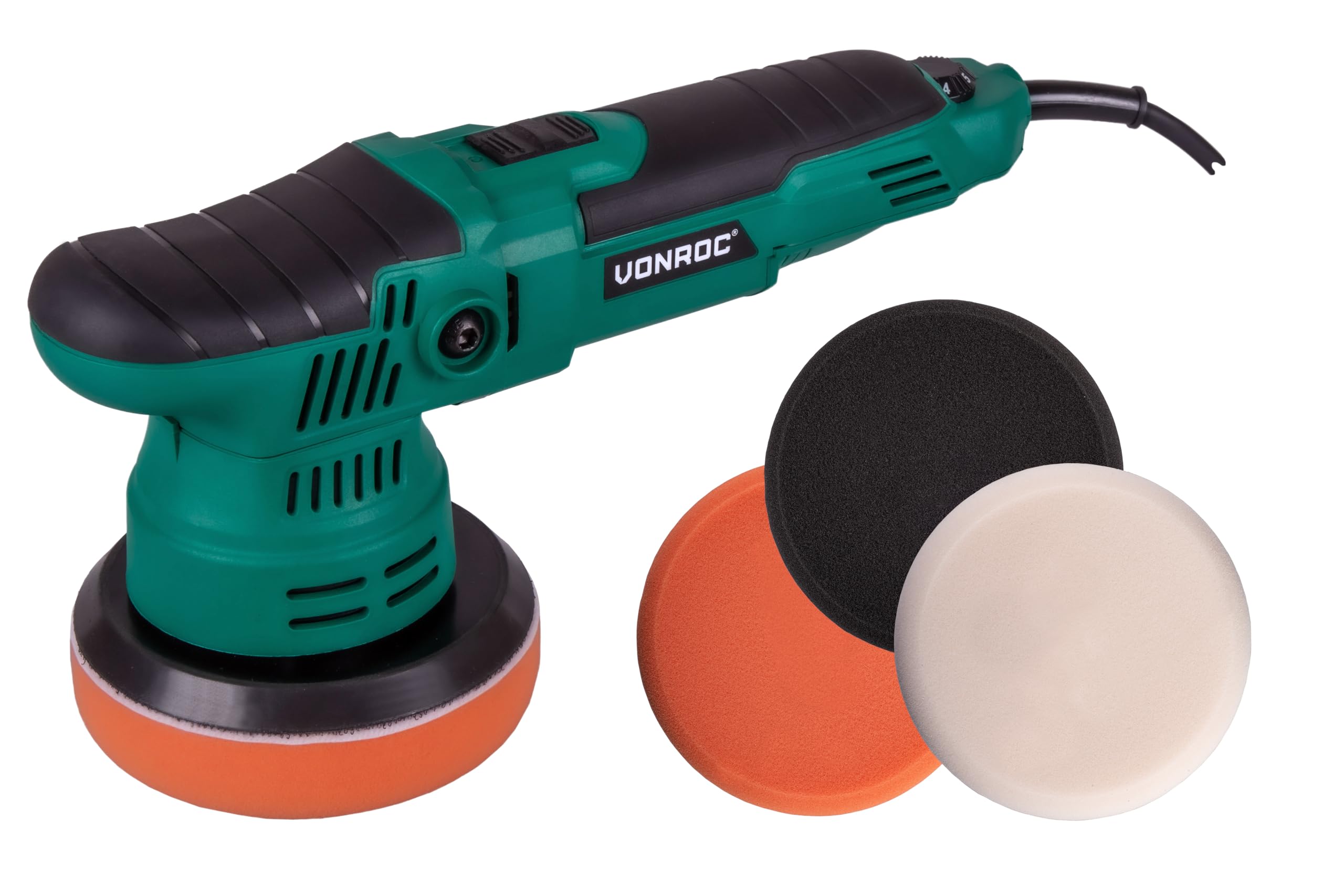VONROC Pulidora de doble acción 650W - Ø125mm - Arranque suave - Velocidad constante - Incluye 4 almohadillas de pulido