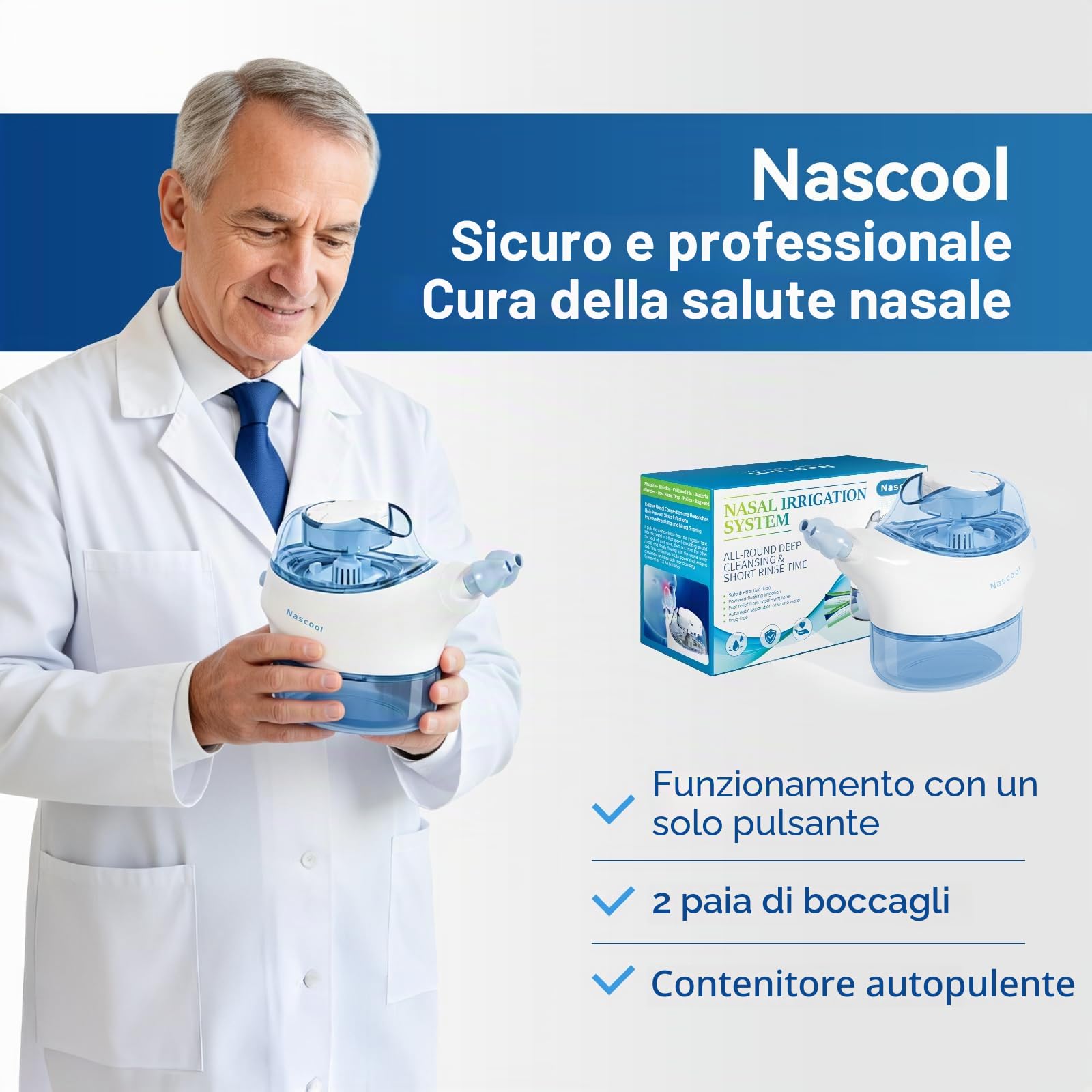 Sistema di irrigazione nasale Nascool, doccia nasale per adulti, macchina elettrica per l'irrigazione del seno Neti Pot per la cura del naso con 50 sali nasali, blu