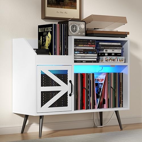 Miniatura 10 de Soporte Grande Rústico para Tocadiscos con Puerta Magnética, Gabinete de Almacenamiento para 350 Discos de Vinilo, Mesa para Tocadiscos con Toma de
