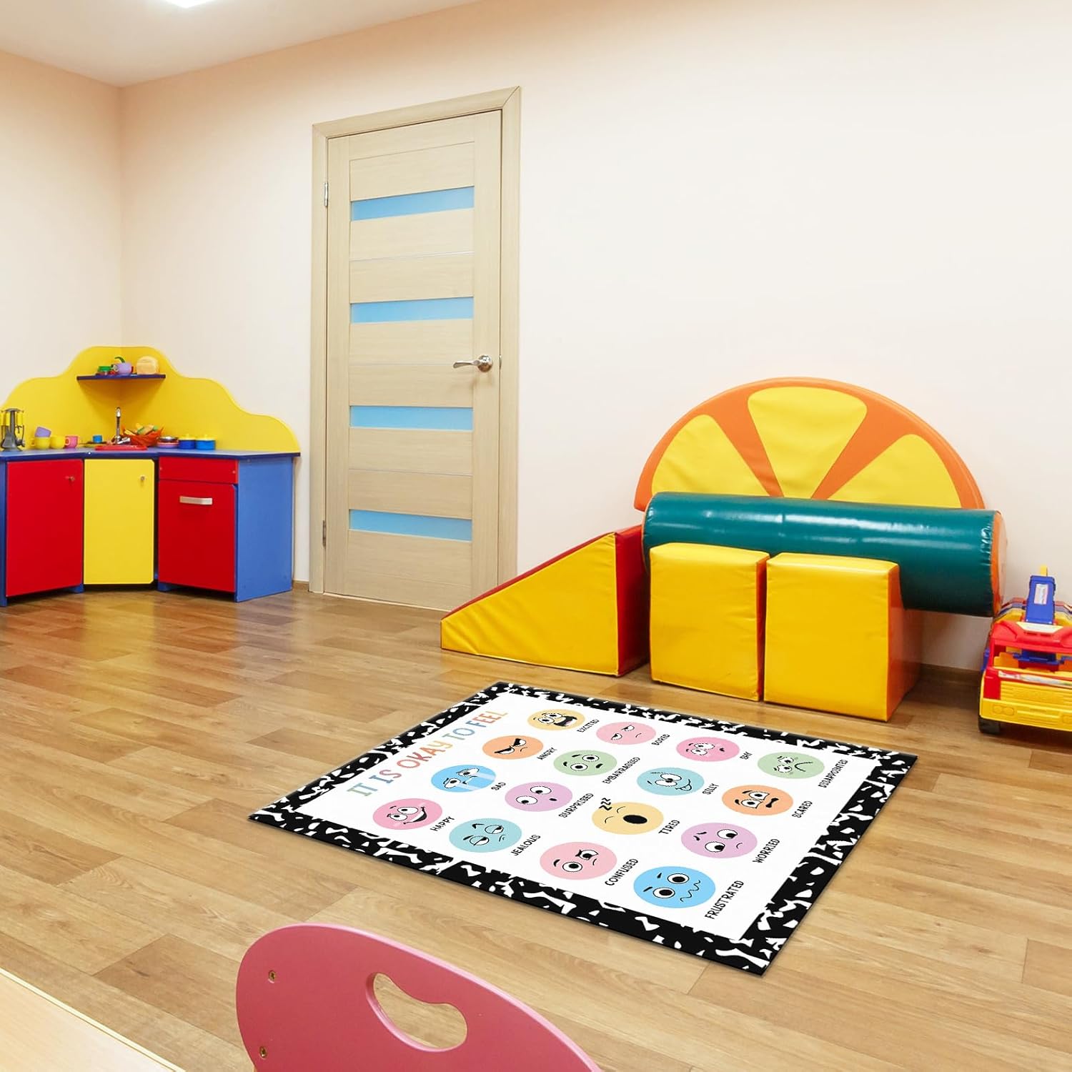 JarThenaAMCS Back to School Area Rug 40 x 47 Inch Large Floor Mat Colorful Emotion Learning Non-Slip Carpet for Home Nursery Classroom Playroom Decor
