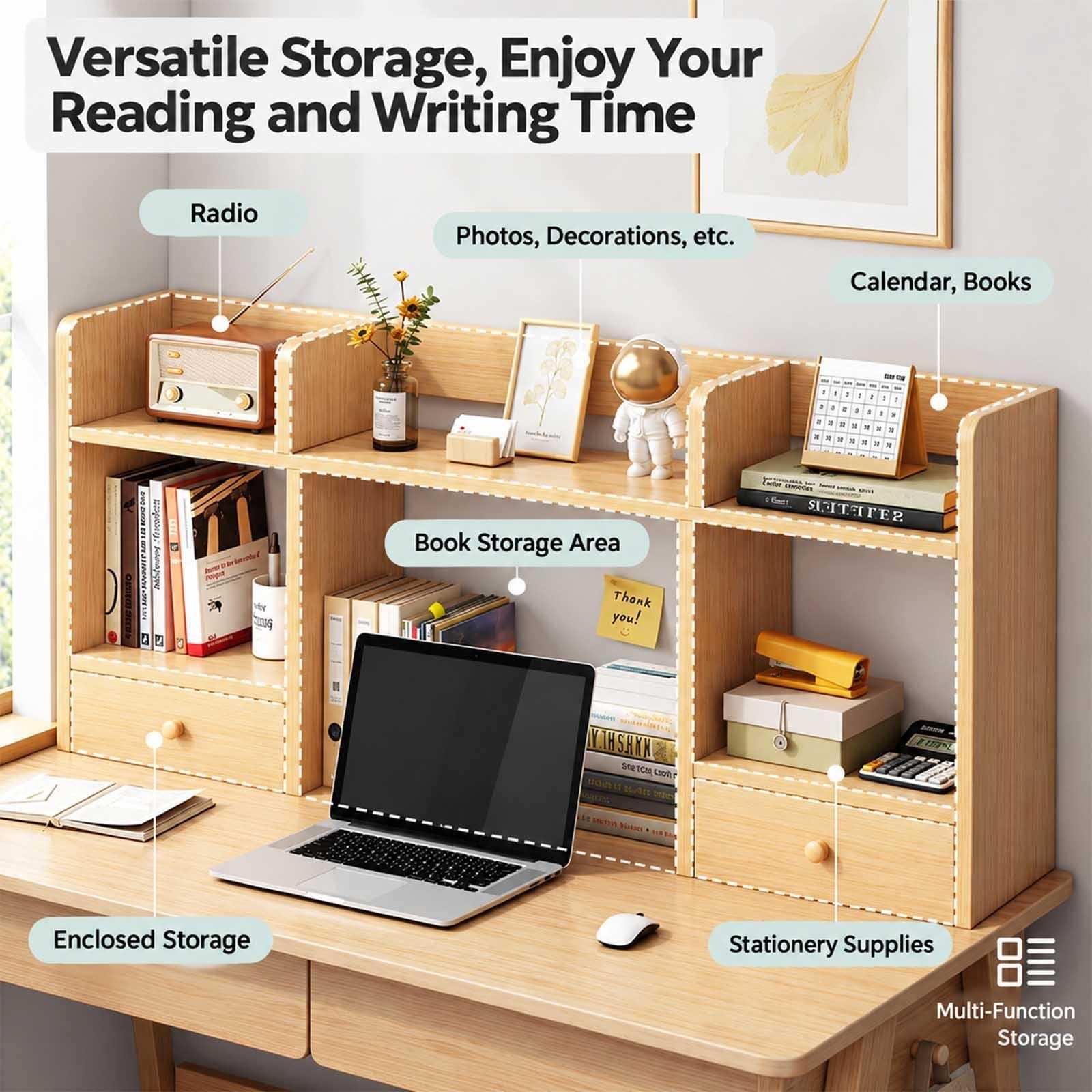 Desktop Bookshelf with 2 Drawers, Freestanding Desk Hutch Organizer