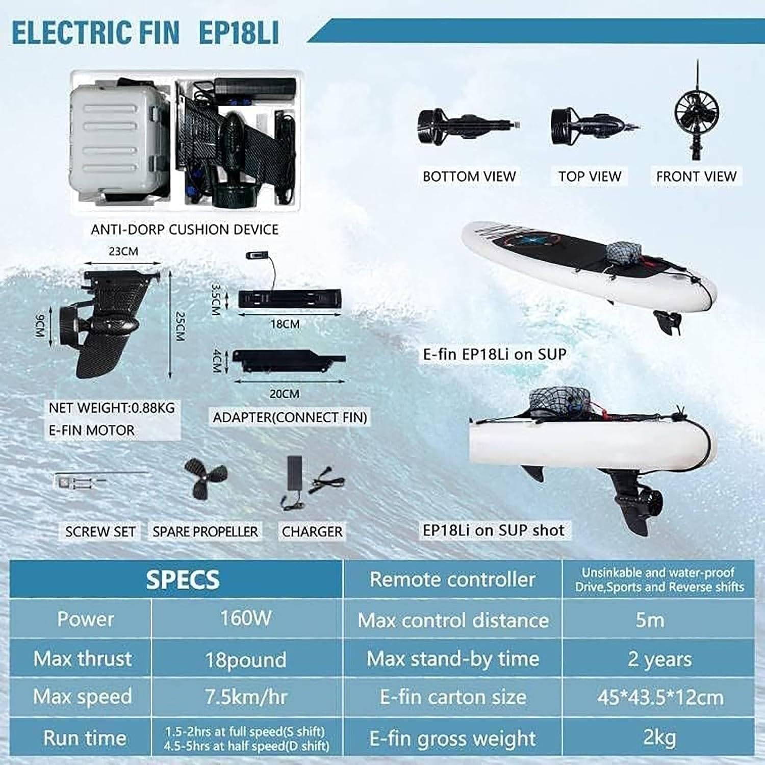 Aileron Motorisé électrique Pour Planche De Paddle - 24V, 380W, Autonomie 45 Min, Télécommande Incluse