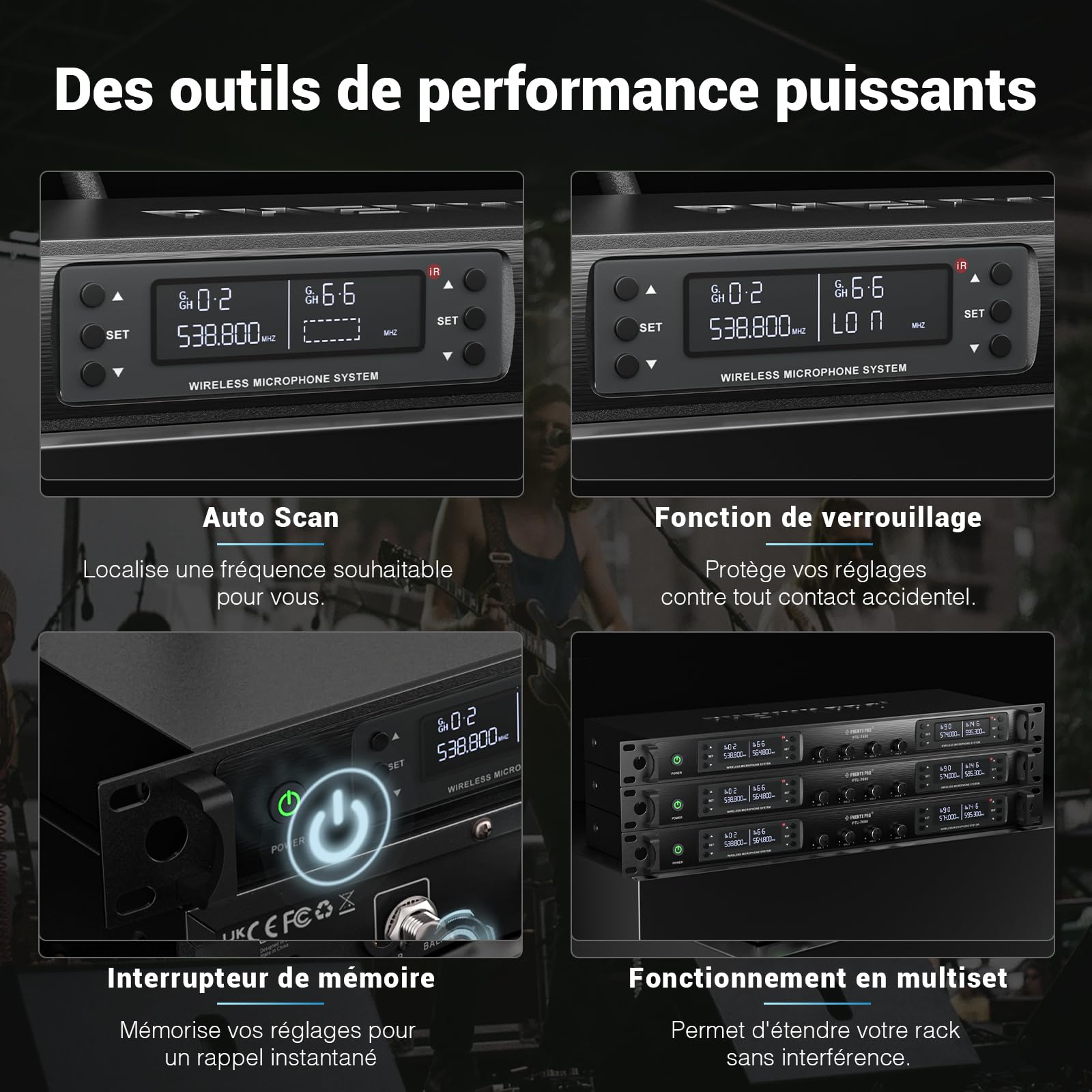 Phenyx Pro Système de Microphone sans Fil PTU-71A, 2x100 Canaux UHF, 328ft Range, Microphone pour Chant