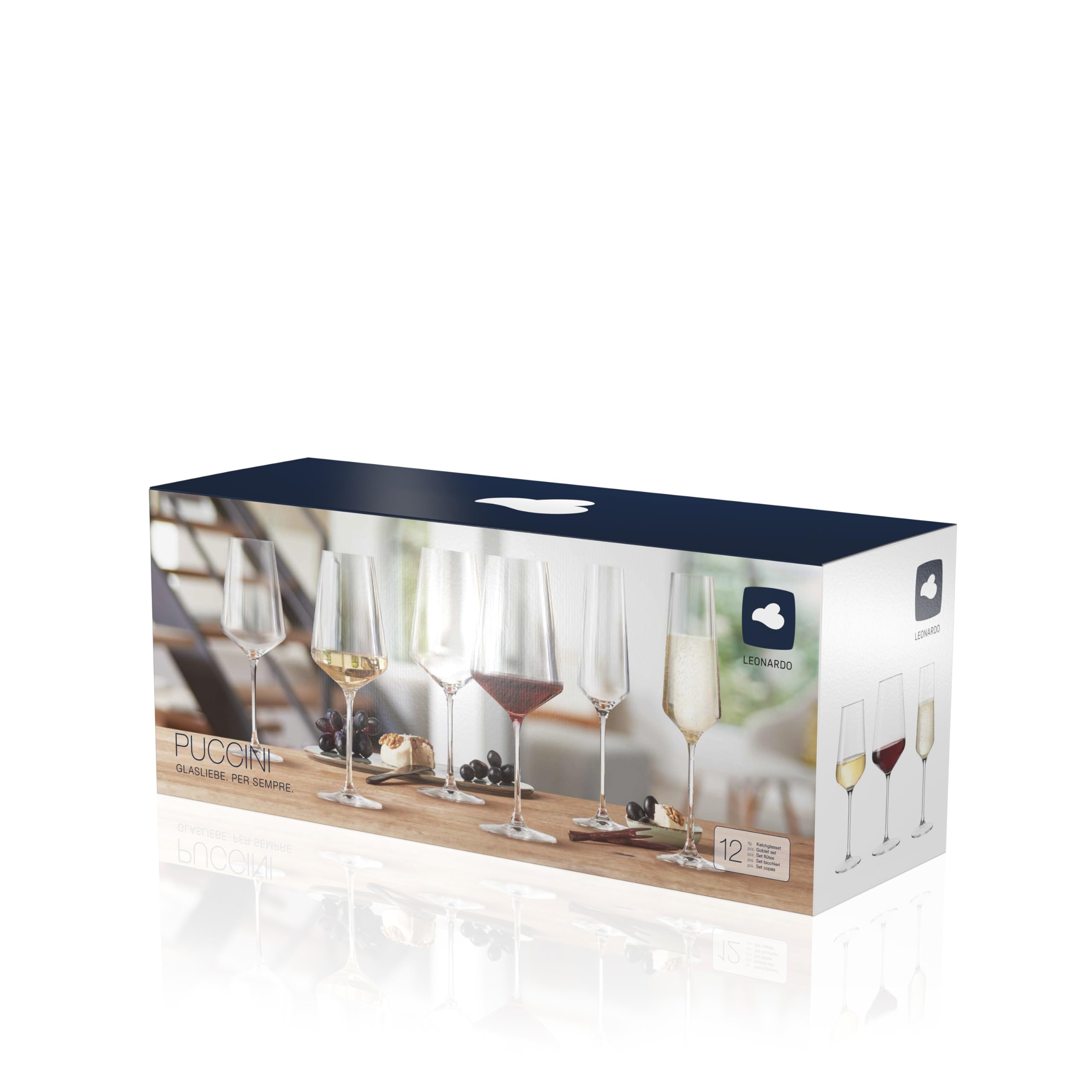 Leonardo Puccini 069525 Lot de 12 verres à vin blanc, vin rouge et champagne lavables au lave-vaisselle