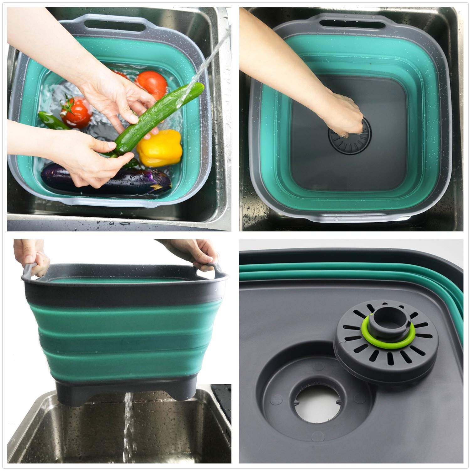 Sammart - Bassine à vaisselle pliable de 10 L avec bouchon de vidange - Lavabo pliable - Bac de rangement de cuisine pour économiser de l'espace - Gris/bleu turquoise