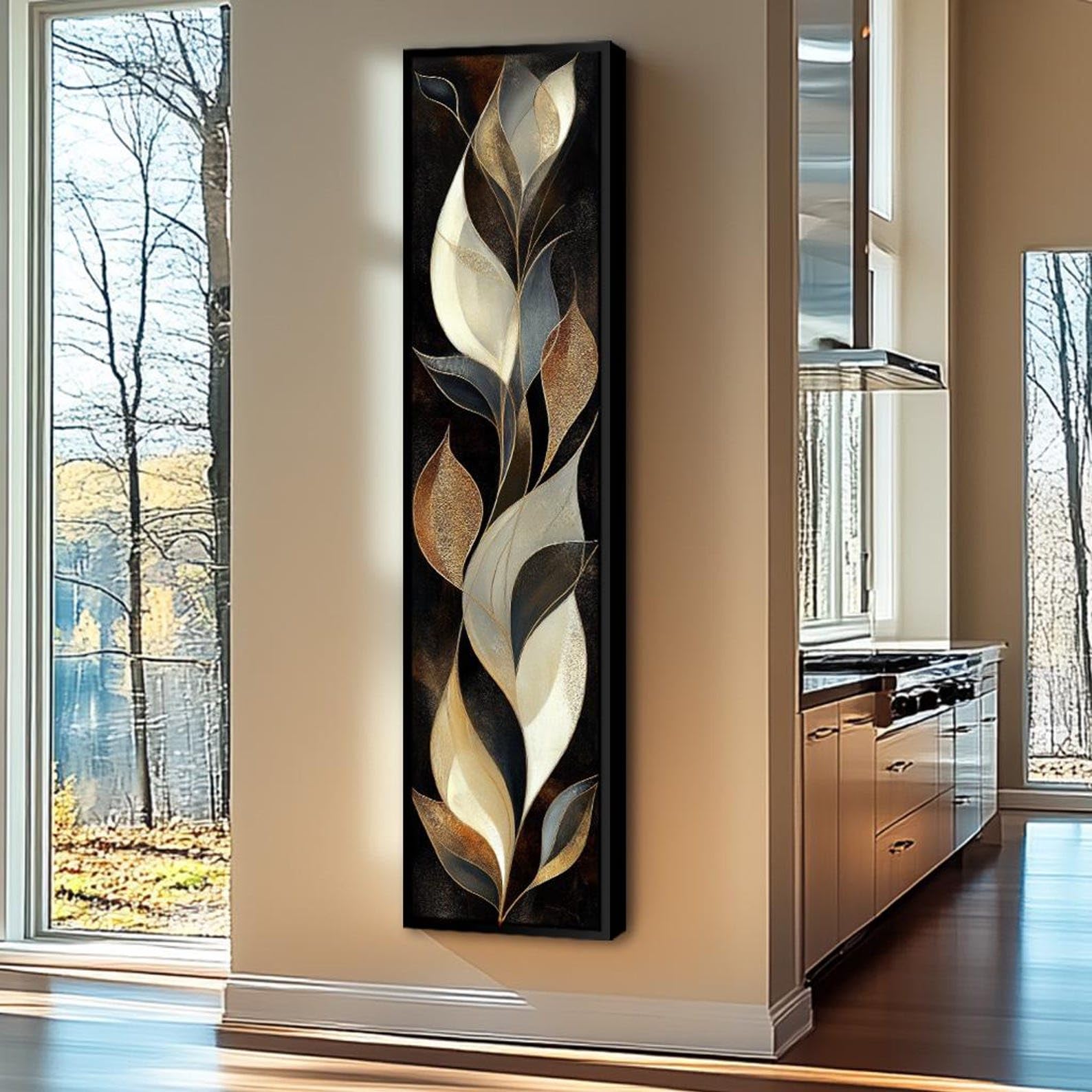 Yusuzhu Frameless Long Narrow Wall Art, Tall And Thin Canvas Wall Art, Nature Wall Art, Vertical Leaves Art, Tree Art, Vintage Wall Art(35X105cm/Frameless)