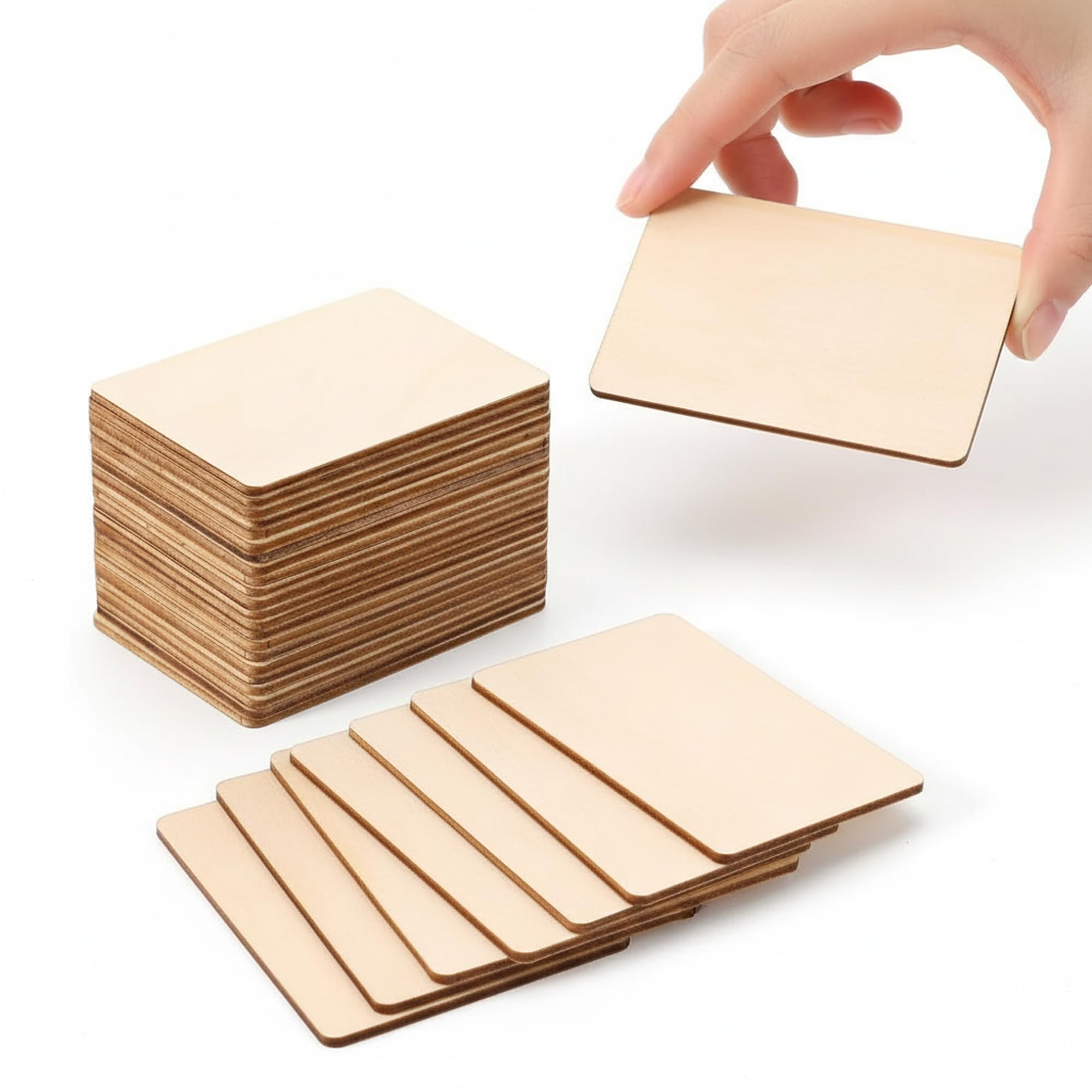 View 1 of 100 Pcs Unfinished Wood Pieces Blank Wood Squares Round Corner for Painting Writing Carving Letter Scrabble DIY (2.08” x 1.37” Rectangle)