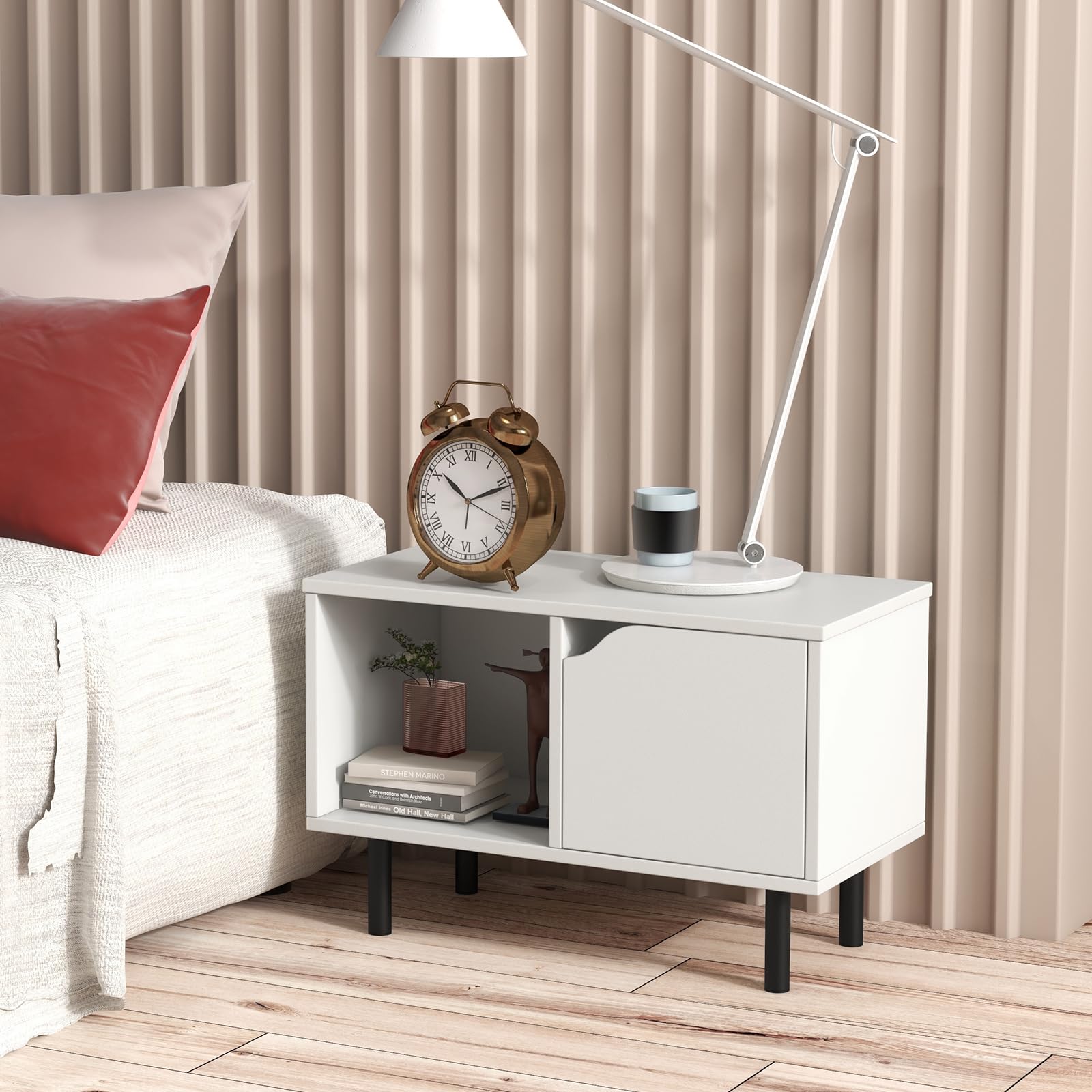 HOMASIS Libreria Scaffale Bianco, Armadio Componibile in Legno, Mobiletto Salvaspazio con 2 Armadietti e 3 Cubi, Libreria Portaoggetti per Soggiorno, Ingresso, Studio, 60 x 30 x 96,5 cm