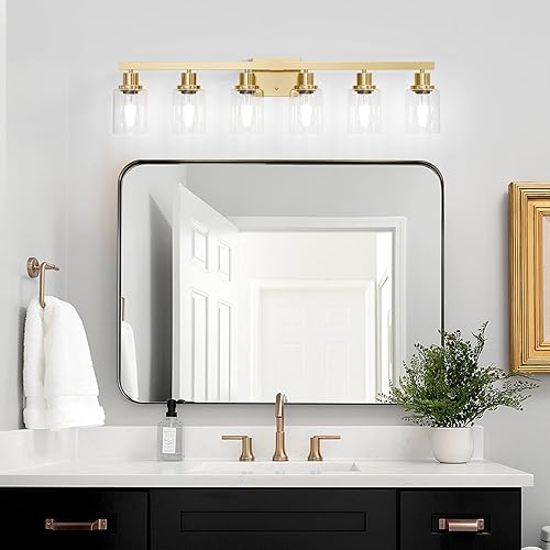 Miniatura 40 de Lámpara de tocador de baño, 4 luces, moderna lámpara de pared dorada mate con pantalla de vidrio transparente, luces de pared negras, lámparas