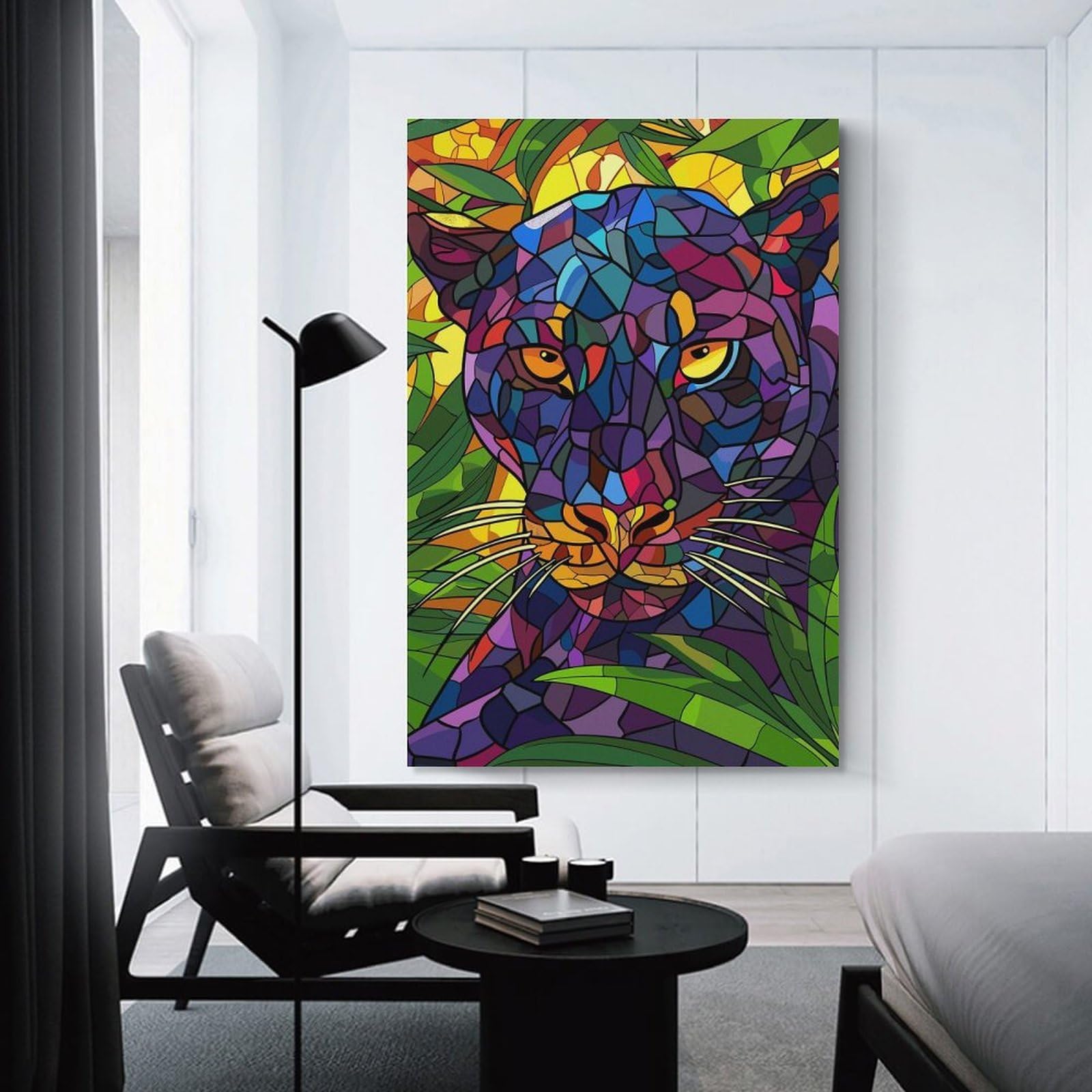 Junmoney Stained Glass Black Panther in Jungle Canvas Wall Decor, 20x30inch(50x75cm), for Gallery Wall Decor And Room Displays, Wall Decor Suited to Curated Displays