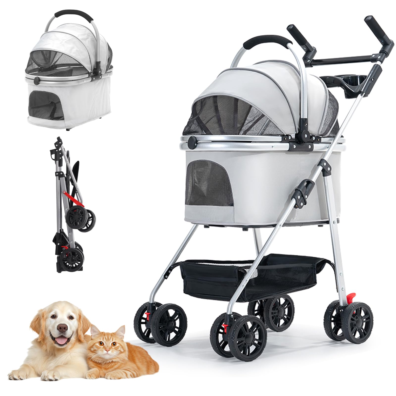 Poussette pour Chien 3-en-1, Poussette pour Chien Pliable Petits Chiens et Chats jusqu'à 20 kg, Roues Résistant à l'Usure à 360°, Animaux Sac de Transport Pliable (Gery)