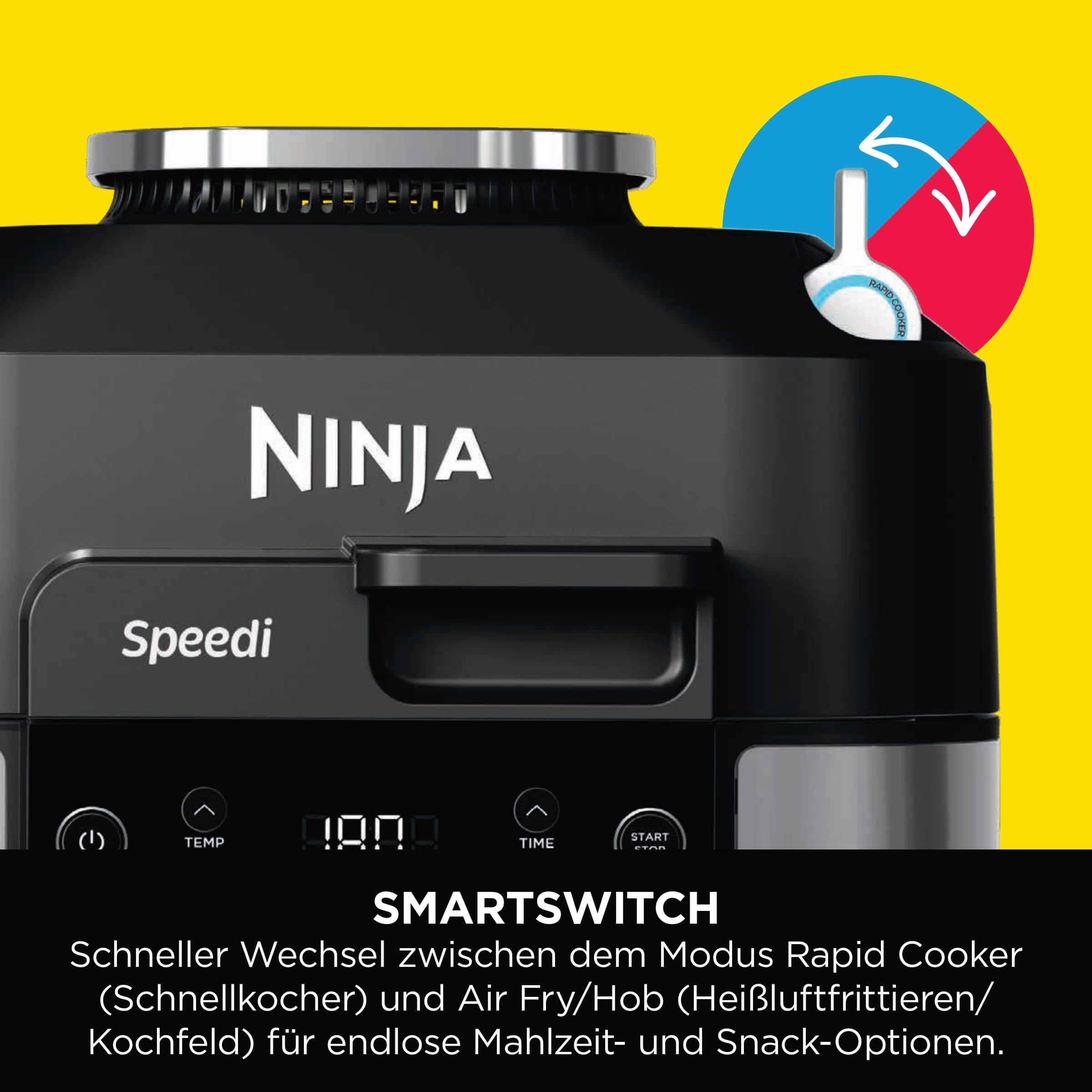 Ninja Speedi Multikocher, 5,7L, 12-in-1 Multicooker, Air fryer Heißluftfritteuse, Slow Cooker Langsamkochen, Grillen, Backen, Schwarz ON500EU