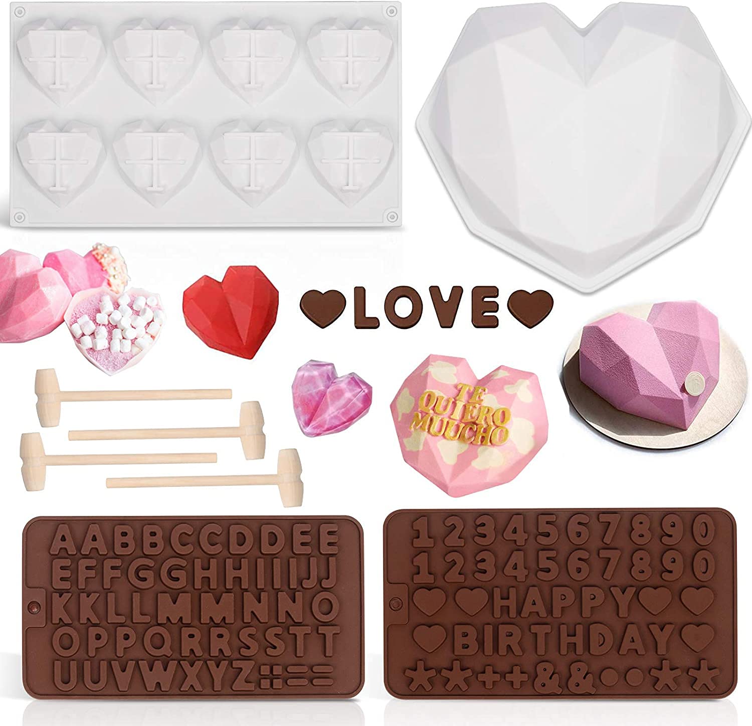 DELFINO Breakable Chocolate Heart Mold Tray, 8.7 inch Diamond Big Heart & 8 Cups Geometric Heart Mold with Silicone alphabet Letter Number Mold with Mini Wooden Hammers for Home Kitchen DIY Baking